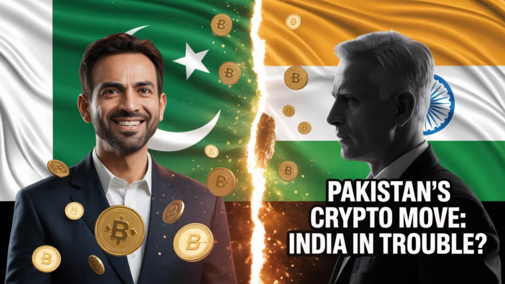 a high-impact digital artwork showing a dramatic face-off between two crypto worlds: On one side, Pakistan’s green flag emerging behind Binance founder CZ with digital coins floating around him, and on the other side, India’s tricolor with a confused or hesitant expression on a government official's silhouette. Include elements like glowing blockchain symbols, a split background representing competition, and bold text overlay: 'Pakistan’s Crypto Move: India in Trouble?' Make it modern, dramatic, and visually striking. 2