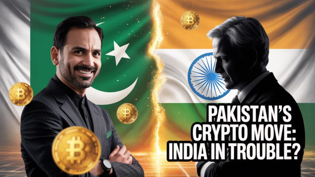 a high-impact digital artwork showing a dramatic face-off between two crypto worlds: On one side, Pakistan’s green flag emerging behind Binance founder CZ with digital coins floating around him, and on the other side, India’s tricolor with a confused or hesitant expression on a government official's silhouette. Include elements like glowing blockchain symbols, a split background representing competition, and bold text overlay: 'Pakistan’s Crypto Move: India in Trouble?' Make it modern, dramatic, and visually striking.