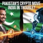 a high-impact digital artwork showing a dramatic face-off between two crypto worlds: On one side, Pakistan’s green flag emerging behind Binance founder CZ with digital coins floating around him, and on the other side, India’s tricolor with a confused or hesitant expression on a government official's silhouette. Include elements like glowing blockchain symbols, a split background representing competition, and bold text overlay: 'Pakistan’s Crypto Move: India in Trouble?' Make it modern, dramatic, and visually striking.