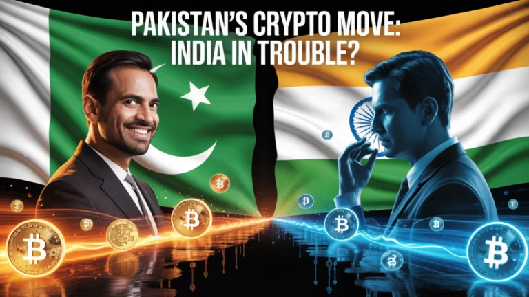 a high-impact digital artwork showing a dramatic face-off between two crypto worlds: On one side, Pakistan’s green flag emerging behind Binance founder CZ with digital coins floating around him, and on the other side, India’s tricolor with a confused or hesitant expression on a government official's silhouette. Include elements like glowing blockchain symbols, a split background representing competition, and bold text overlay: 'Pakistan’s Crypto Move: India in Trouble?' Make it modern, dramatic, and visually striking.