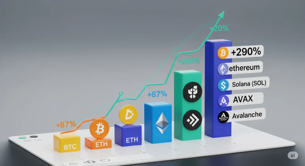 A sleek, infographic-style image featuring a 3D bar graph with glowing cryptocurrency logos. Bitcoin (BTC), Ethereum (ETH), Solana (SOL), and Avalanche (AVAX) symbols are shown at the base of their respective bars, which are labeled with significant percentage growth figures like "+87%" and "+290%." The background incorporates futuristic UI elements, giving the overall design a clean, high-tech aesthetic.